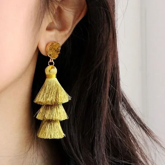14K Yellow Gold with Gold Silk Thread Tassel and Quartz Druzy Post Drop Earrings